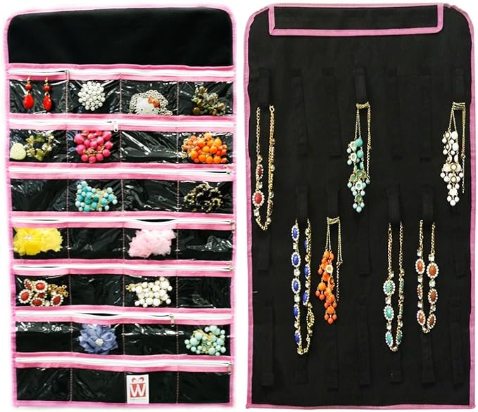 Wrapables® 28 Zippered Pockets Hanging Jewelry Organizer with 21 Holding Loops, Black