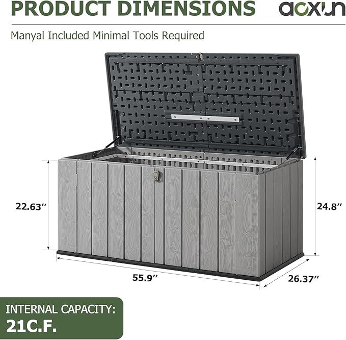 Aoxun 157 Gallon Outdoor Deck Box, Large Resin Storage Box with Lid, Waterproof & UV-Resistant Patio Storage for Cushions, Garden Tools, and Pool Accessories (Grey)
