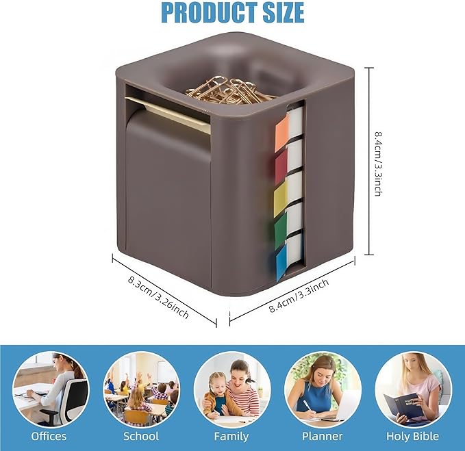 5-in-1 Sticky Note Holder and Dispenser with Magnetic Paper Clip Holder, 3x3 Pop-Up Note and Annotation Labels, Full Adhesive Note Roll Desktop Organizer for Office, Study Room (Brown)
