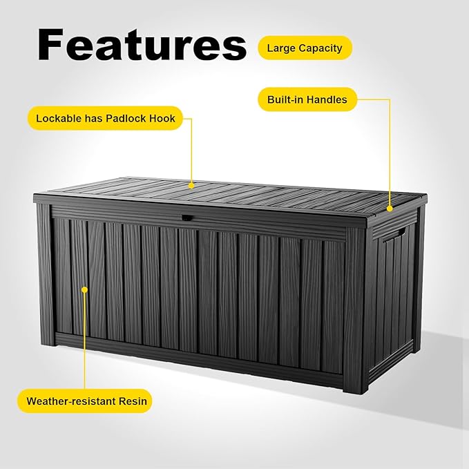 150 Gallon Waterproof Outdoor Storage Box, UV Resistant Resin Deck Box with Hydraulic Rod for Reinforced Stability, Perfect for Patio, Garden, and Pool, Striped Black