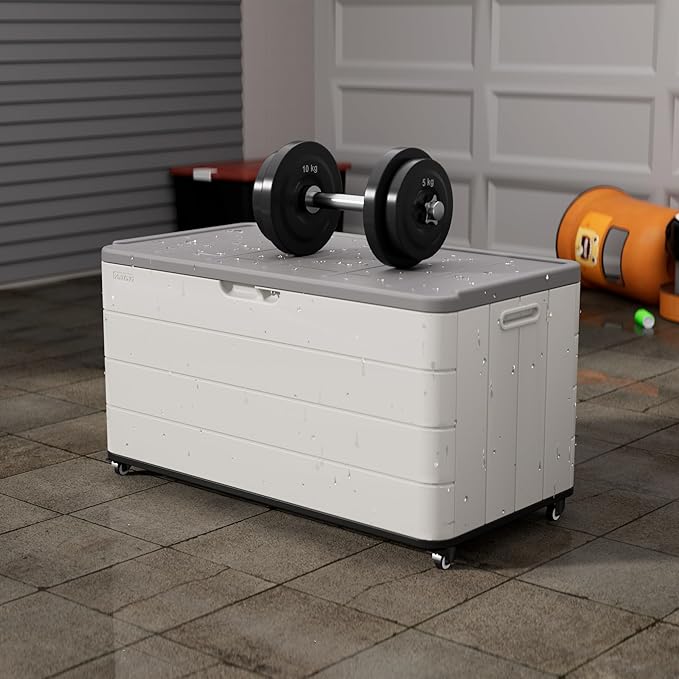 Outdoor Storage Deck Box Waterproof, 110 Gal Wheels Large Lockable Patio Storage Bin Chest, Resin Outside Container Seat Bench for Furniture Cushions, Pool Accessories, Garden Tools & Delivery, White