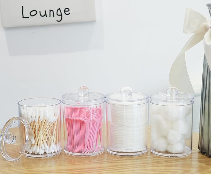 2 Pack Acrylic Qtip Holder Dispenser,Canisters Apothecary Jar Set, Vanity Makeup Bathroom Organizers and Storage Set, 10oz