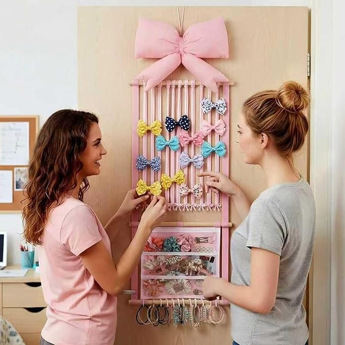 Hair Clip Organizer - Pink Bow Mesh Bag Wall Mount - Hair Clip Storage Wall Hanger - for Women Teen Girls Door Closet Bedroom Living Room Home Decor Apartment