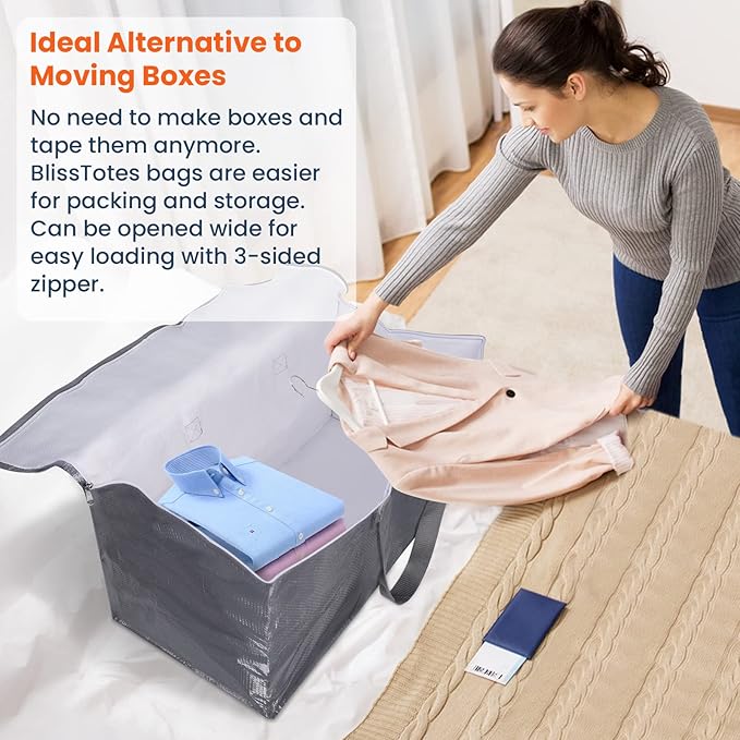 BlissTotes Large Moving Boxes and with Zippers & Handles Moving Supplies with lids, Heavy Duty Totes for Storage Bags for Space Saving, Fold Flat, Moving and Storing 76L, 10 Pack