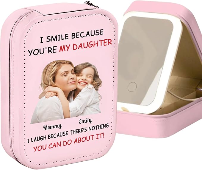 I Smile Because You're My Daughter Personalized Custom Jewelry Box with LED Mirror, Custom Photo Mom Daughter Leather Jewelry Box, Daughter Travel Jewelry Boxes, Daughter Birthday Gifts from Mom