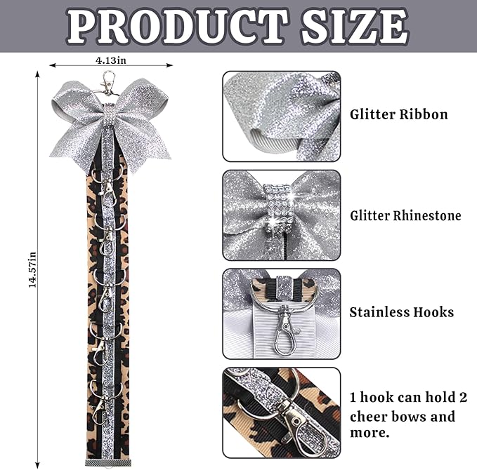 ALIBBON Cheer Bow Holder Glitter Silver Leopard Print Hair Bow Holder Cheer Keychain for Cheerleading Backpack Bag Cheerleader Gifts Sports Cheerleading Bows Storage Hanging Ribbon Chain with 5 Clasps