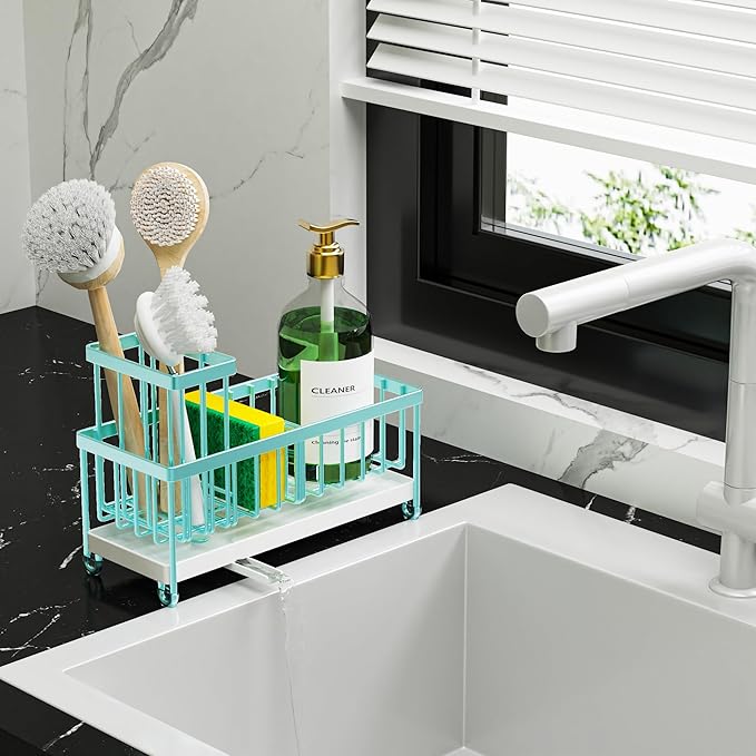Cisily Sponge Holder for Kitchen Sink, Sink Caddy Organizer with High Brush Holder, Kitchen Countertop Organizers and Storage Essentials, Rustproof 304 Stainless Steel (Turquoise, 9.25″)