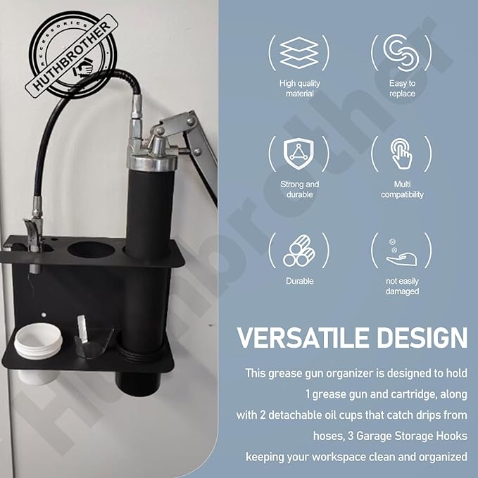 Grease Gun Holder, Wall Mount Grease Gun Storage Rack/Organizer, Hand Grease Gun Holder Rack for Workshop, Shop, Garage, W/Removable Drip Cups, Spare Cartridge Holder and Separate Spring