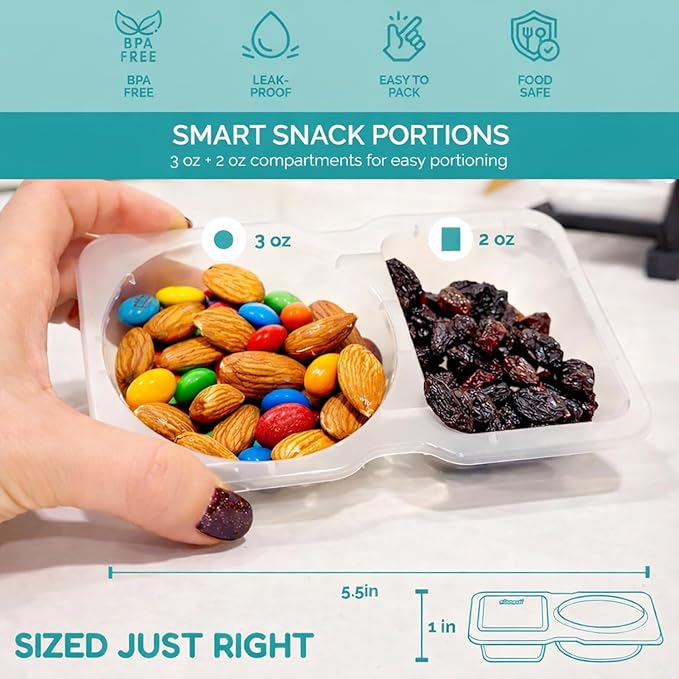 Reusable Snack Containers with Lids 50Pcs, Portion control containers, Snack Pack Containers,2 Double Compartment Snack Containers for Kids On the Go Meals, Camping Condiment Snack Tray Prep