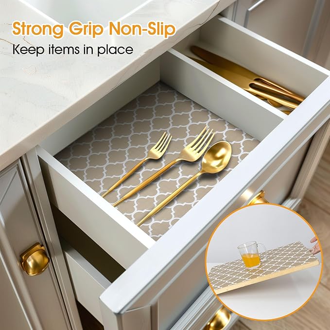 Shelf and Drawer Liner for Kitchen Cabinets Non-Adhesive, Strong Grip Non-Slip Thickened Cabinet Liners for Shelves, Waterproof Mats for Dresser Cupboard, Beige, 23 in x 20 Feet