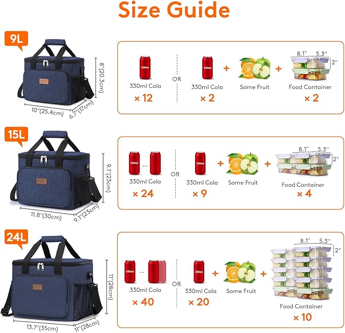 Lifewit Medium Lunch Bag Insulated Lunch Box Soft Cooler Cooling Tote for Adult Men Women, Dark Blue 12-Can (9L)
