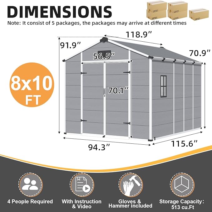 MELLCOM 8 x 10 FT Resin Outdoor Storage Shed with Floor, Outdoor Storage Tool Shed with Windows and Lockable Door, Resin Garden Shed for Garbage Can, Lawnmower, Bike