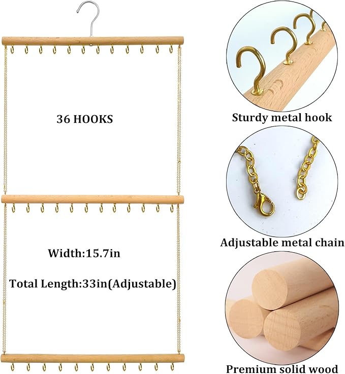 Hanging Jewelry Organizer with 36 Hooks - 15.7 Inch Hanging Wooden Display Rack for Necklaces, Bracelets, Earrings, Headbands - Space Saving Decor