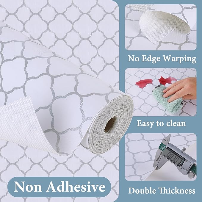 Shelf Drawer Liners for Kitchen Cabinets Non Adhesive Drawer Liner Thickened Refrigerator Liner Silver Quatrefoil Strong Non-Slip Paper for Tool Box with Knife and Tape Measure,23.6 x 236.2 Inches