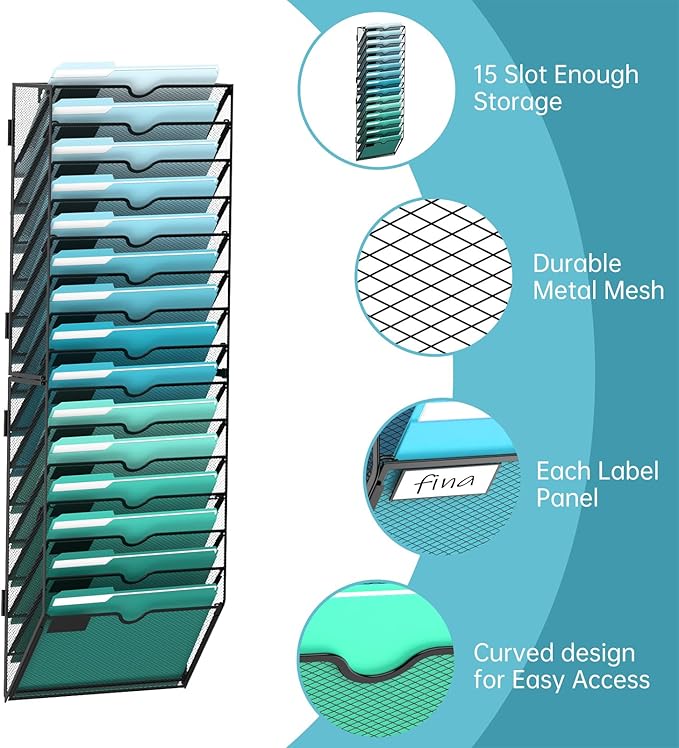 SUPEASY 15-Tier Wall File Organizer, Hanging Wall Files for Papers, Folders, Magazines, Wall Organizer for Clipboard, Assembly Needed, Black