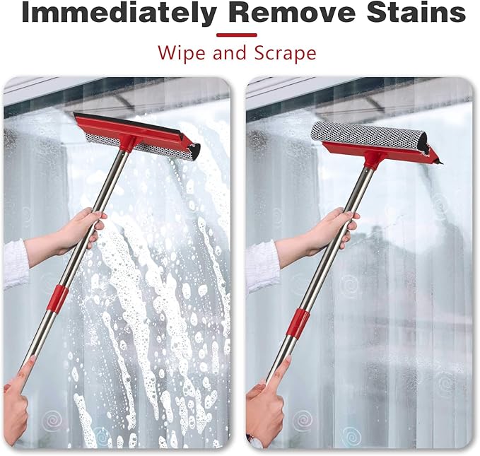 15.9" Window Squeegee for Home and Car Cleaning,2 in 1 Window Cleaner with Long Stainless Steel Handle,Sponge Car Squeegee for Gas Station, Glass,Shower,Outdoor High Window Cleaning