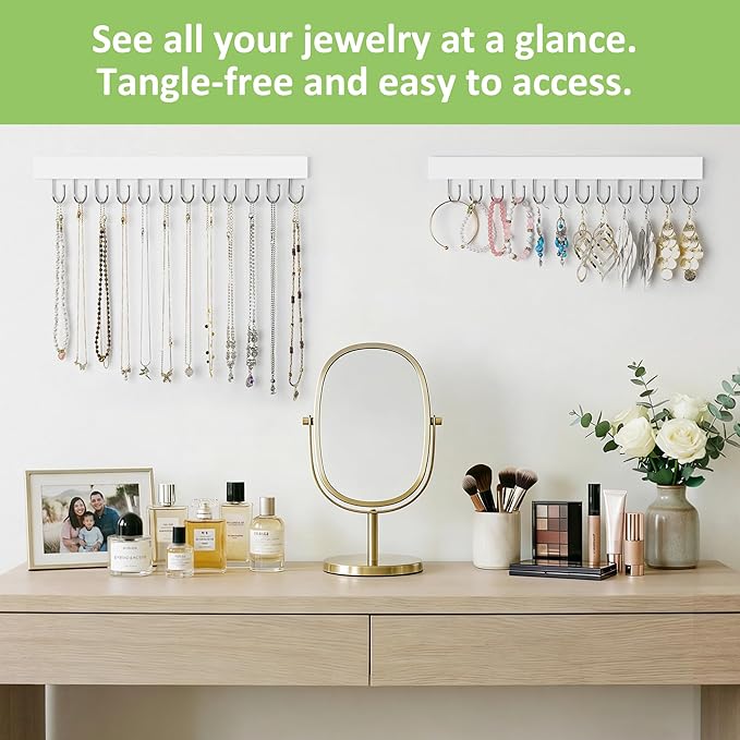 2 Pack Necklace Holder Wall Mounted, Hanging Jewelry Organizer with 24 Hooks Wooden Wall Necklace Hanger for Jewelry Storage, White