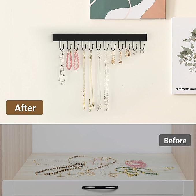 ZEDODIER 2 Pack Necklace Organizer Wall Mount, Wooden Self-Adhesive Jewelry Hanger with 24 Adjustable Hooks, Hanging Holder for Necklace, Belts, Tank Tops, Bras, Black