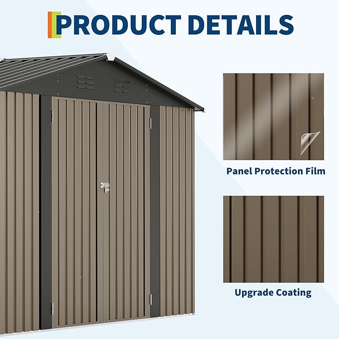 GarveeLife 10 x 12 FT Metal Storage Shed for Outdoor with Floor Frame&Clear Window,Steel Yard Shed with Design of Lockable Doors, Utility and Tool Storage for Garden, Backyard, Patio, Outside, Brown