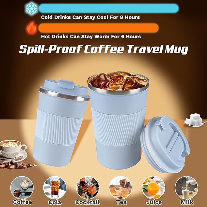 Vacuum-Insulated Stainless Steel Travel Coffee Mug, Leak-Proof Reusable Coffee Cup with Lid - Keep Hot & Cold Drinks for Hours, Durable Insulated Tumbler for Men & Women(3rd-Light Blue, 17OZ)