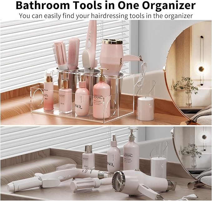 NIUBEE Hair Tool Organizer, Clear Acrylic Hair Dryer and Styling Organizer, Bathroom Countertop Blow Dryer Holder, Vanity Caddy Storage Stand for Accessories, Makeup, Toiletries