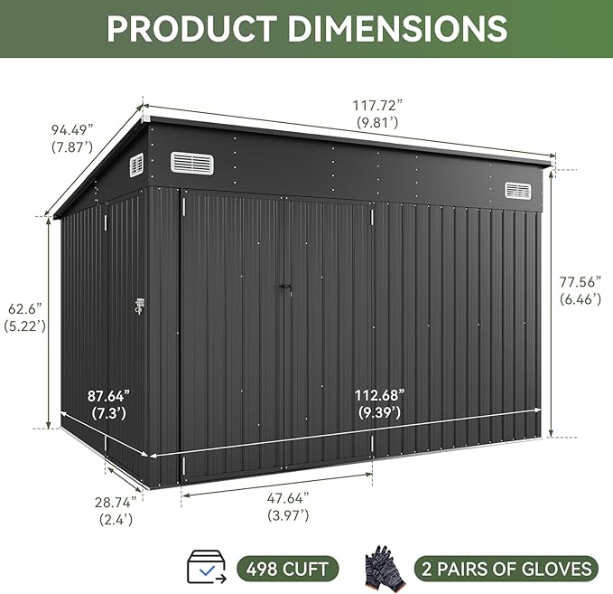 Aoxun 9.4' x 7.3' Shed 360 CU.FT Outdoor Waterproof Storage Shed with Triple Lockable Door Garden Metal Tool Shed for Outside