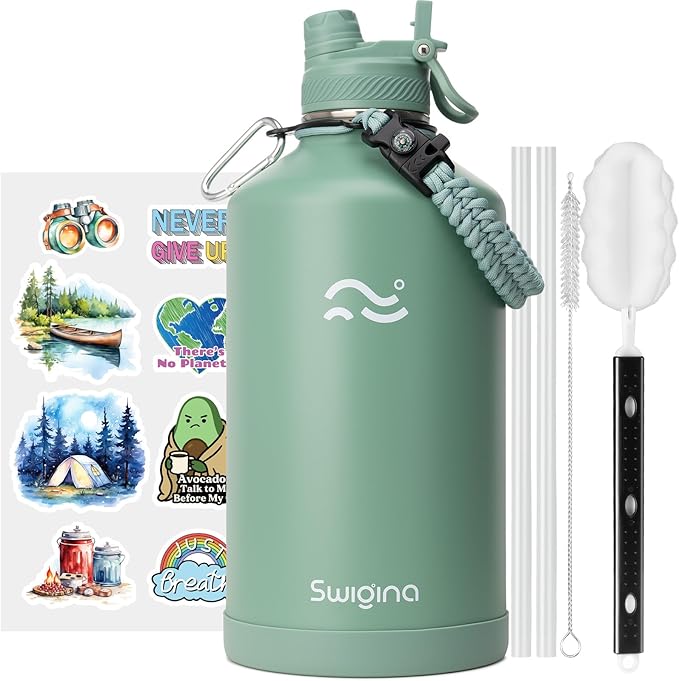 [2-IN-1 LID] Gallon Insulated Water Bottle with Silicone Boot (48hrs Cold/24hrs Hot) - DIY Stickers, Leakproof, BPA Free, 128 oz