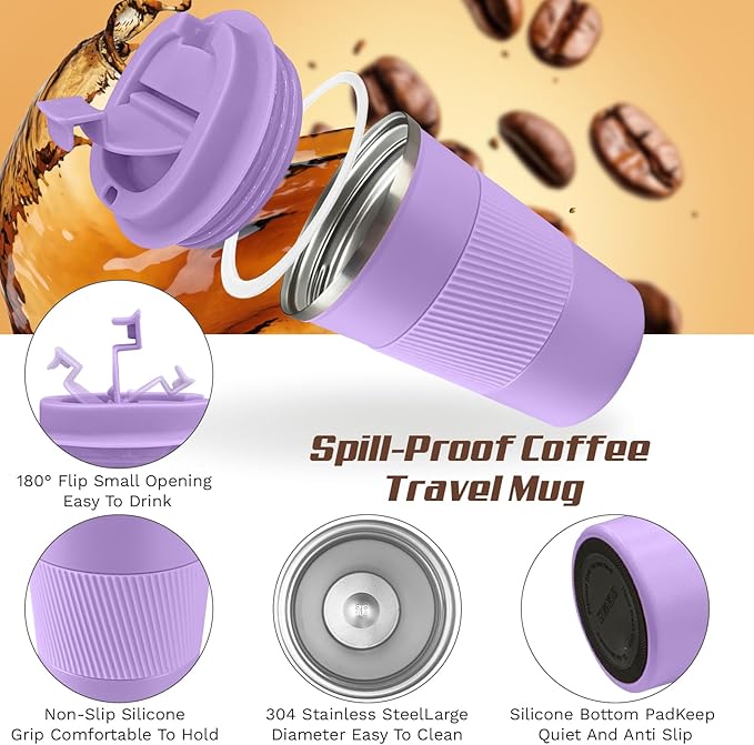 Vacuum-Insulated Stainless Steel Travel Coffee Mug, Leak-Proof Reusable Coffee Cup with Lid - Keep Hot & Cold Drinks for Hours, Durable Insulated Tumbler for Men & Women(3rd-Purple, 17OZ)