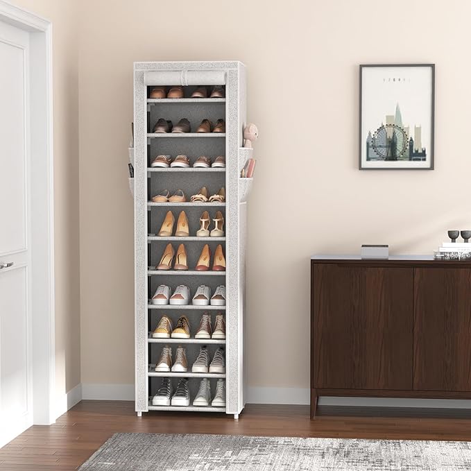 VTRIN Vertical Narrow Shoe Rack Organizer Tall Shoe Rack for Closet Entryway 10 Tier Non-Woven Cover Shoe Shelf Holds 20-22 Pairs Free Standing Shoe Storage Cabinet with Dustproof Cover, Multi Color