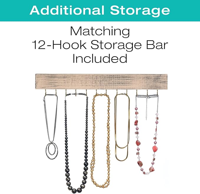 Wall Mounted Jewelry Organizer with Herringbone Wood Pattern. Jewelry holder for Necklaces, Earings, Bracelets, Ring Holder, and Accessories. Includes hooks for hanging jewelry - Brown