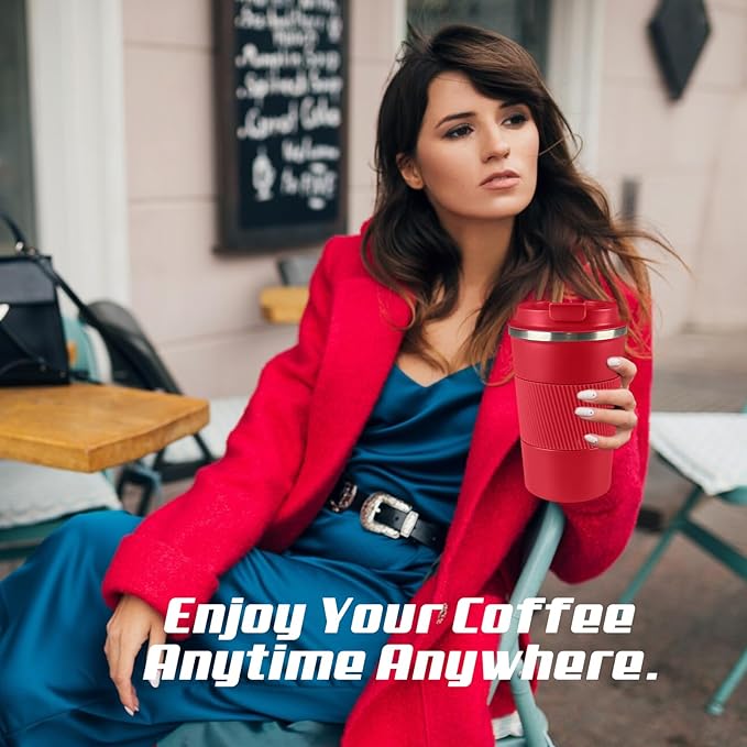 Vacuum-Insulated Stainless Steel Travel Coffee Mug, Leak-Proof Reusable Coffee Cup with Lid - Keep Hot & Cold Drinks for Hours, Durable Insulated Tumbler for Men & Women(3rd-Red, 17OZ)
