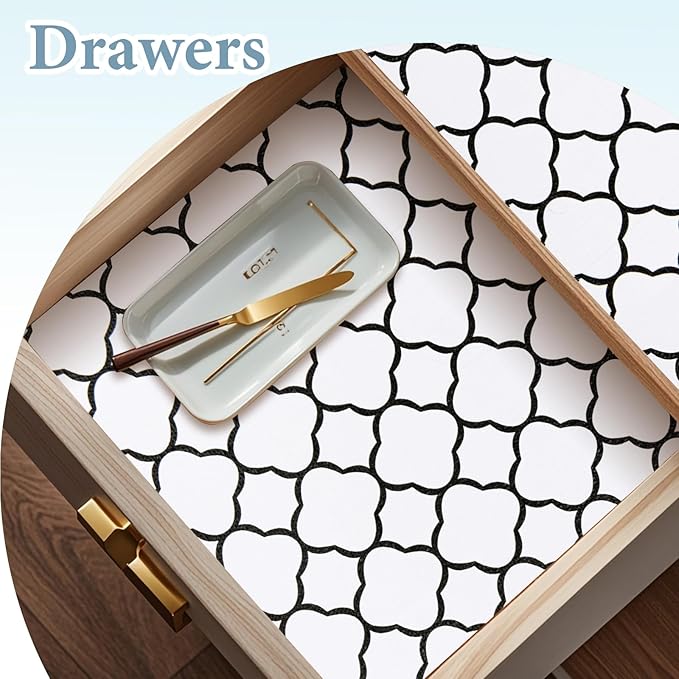 Shelf Drawer Liners for Kitchen Cabinets 11.8 x 236 Inches Non Adhesive Drawer Liner Thickened Refrigerator Liner Black Quatrefoil Strong Non-Slip Paper for Tool Box with Knife and Tape Measure