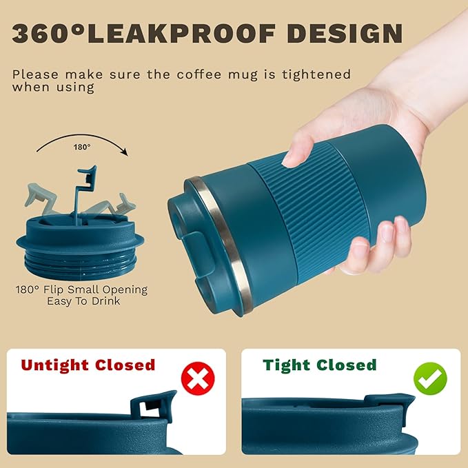 Vacuum-Insulated Stainless Steel Travel Coffee Mug, Leak-Proof Reusable Coffee Cup with Lid - Keep Hot & Cold Drinks for Hours, Durable Insulated Tumbler for Men & Women(3rd-Blue, 12OZ)