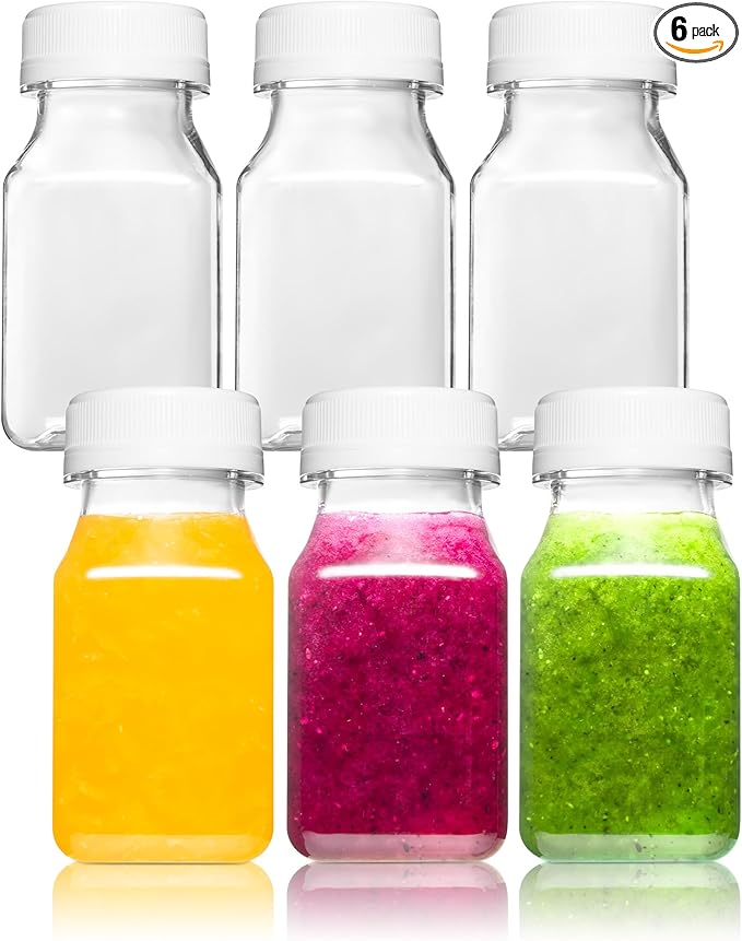 Norcalway 4 Oz Small Plastic Bottles with Black Caps for Liquids - Ginger Shot Lids, Wellness Juice Freezer Safe, Leak Proof, Food Grade 4 Oz 6 Pack, white