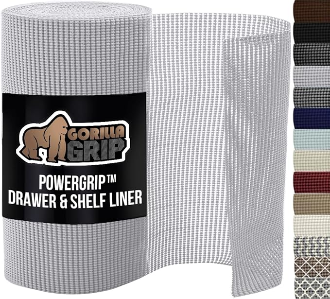 GORILLA GRIP powerGRIP Drawer Shelf and Cabinet Liner, Thick Strong Hold, Non-Adhesive Liners Protect Kitchen Cabinets and Cupboard, Bathroom Drawers, Easy Install, Breathable Mat, 20" x10' Light Gray