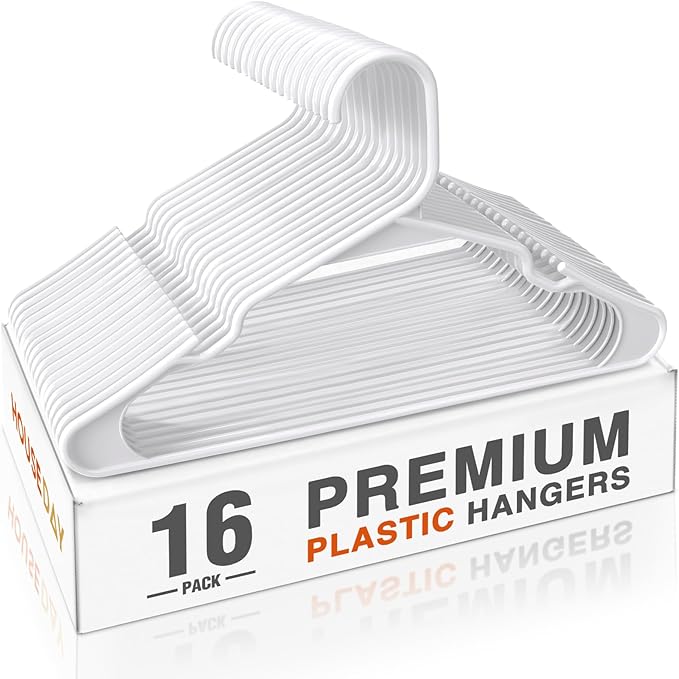 HOUSE DAY Plastic Hangers 16 Pack - Adult Clothes Hangers White - Space Saving, Non-Slip, Durable & Sturdy Hanger with Shoulder Grooves for Closet, Perfect Slim Coat Hanger - Ganchos para Colgar Ropa