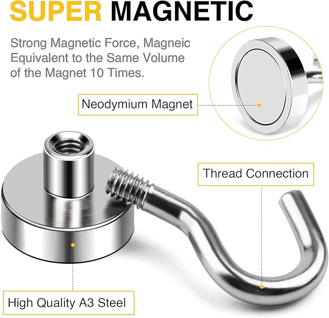 DIYMAG Magnetic Hooks, 30lbs+ Magnet Hook 2025 Cruise Cabin Ship Essentials N52 Heavy Duty Strong Magnets Refrigerator Fridge Hanging for Classroom Beach Vacation Kitchen Grills Home 6 Pack