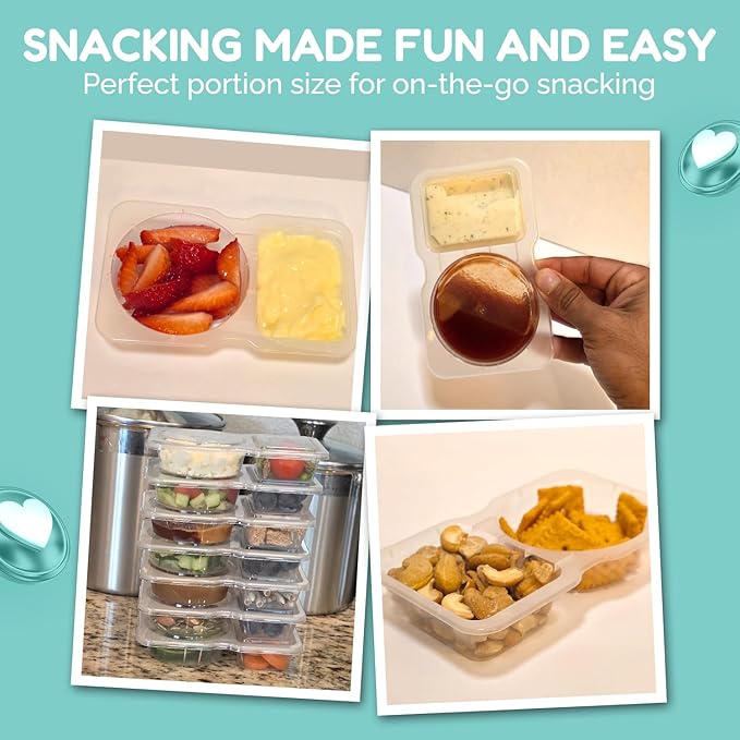 Reusable Snack Containers with Lids 50Pcs, Portion control containers, Snack Pack Containers,2 Double Compartment Snack Containers for Kids On the Go Meals, Camping Condiment Snack Tray Prep