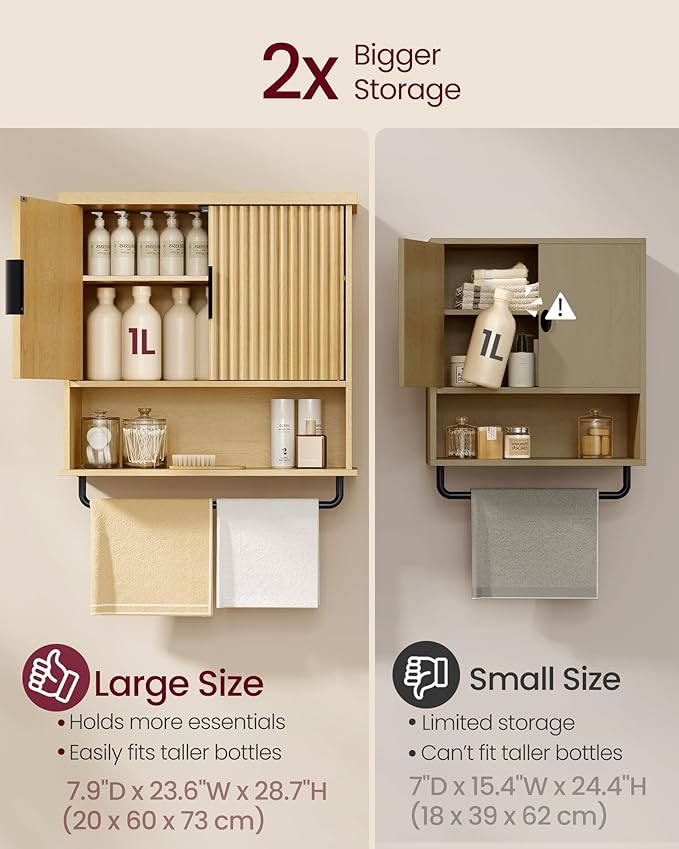 VASAGLE MAXE Collection - Bathroom Cabinet Wall Mounted, Over Toilet Hanging Cabinet with Adjustable Shelf, Towel Bar, Fluted Doors, 7.9 x 23.6 x 28.7 Inches, Transitional, Oak Beige UBBK135Y01S