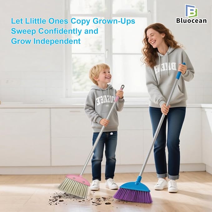 28'' Kids Mini Broom and Dustpan Set - Toddler Cleaning Toy, Toddler Household Helper, Parent-Child Interactive Play Cleaning Tool, Cute Cartoon Design, Small Safe Corner Broom (Pink Puff)