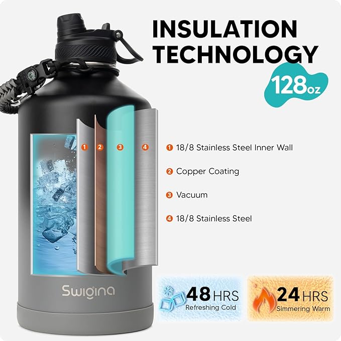 [2-IN-1 LID] Gallon Insulated Water Bottle with Silicone Boot (48hrs Cold/24hrs Hot) - DIY Stickers, Leakproof, BPA Free, 128 oz