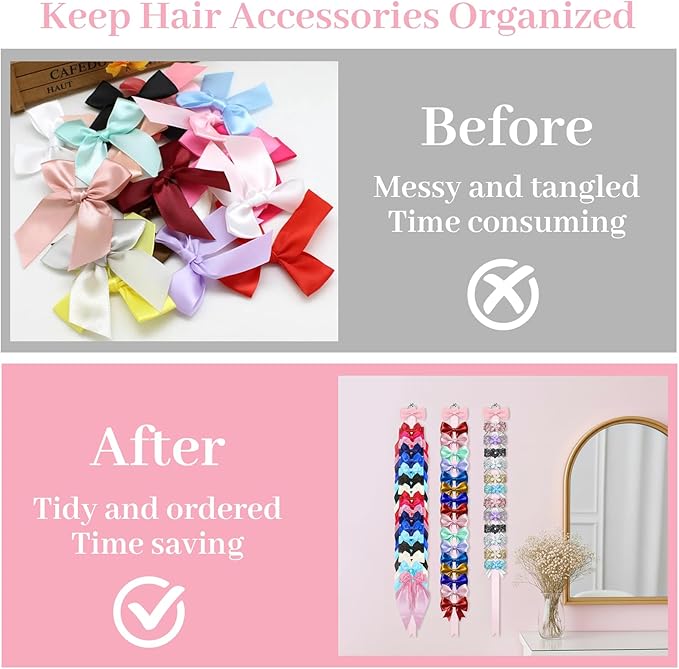 8 Pcs Bow Holder for Girls Hair Bows, Ribbon Hair Bow Organizer for Girls Women, Wall Hanging Clip Hairs Accessories Organizer Bedroom College Dorm Decor(White)(Pink)