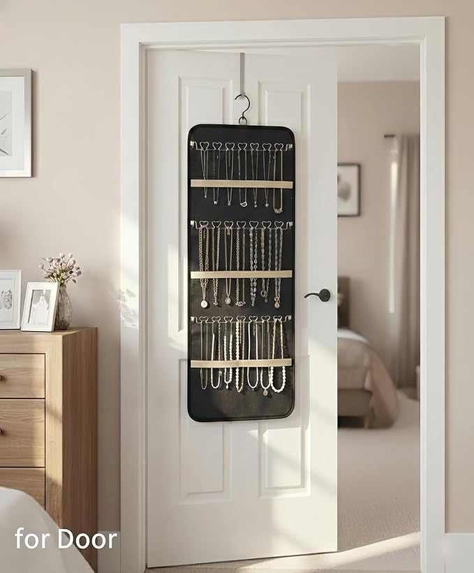 Hanging Jewelry Organizer - Dual-Sided Necklace Holder Wall Mount & Over The Door Closet Storage - Pockets Large Capacity Accessory Holder for Earrings, Rings,Bracelets - 360° Rotating (1, black, XL)