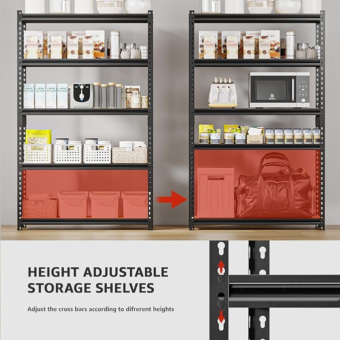 60" H x28 W x12 D: Father&I 5-Shelf-Storage-Rack Metal+Wood Garage/Kitchen Pantry Shelves Steel Utility Stand Shelving Unit Adjustable Heavy-Duty Shed Closet/Attic/Laundry Organizer, Black