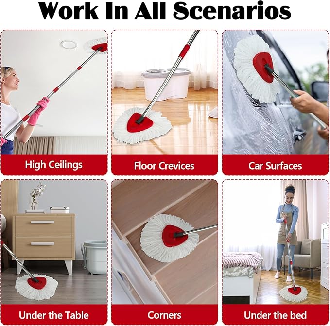 Spin Mop Replacement Set for O-Ceda EasyWring 1-Tank System, 16 Microfiber Spin Mops Refills,1 Scrubber Head,1 Triangle Spin Base,and(31-63in) Adjustable Handle Set Combo