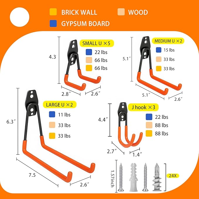 Garage Hooks Heavy Duty, 12 Pack Anti-Slip Coating Garage Wall Storage Hooks for Hanging Bike, Ladder, Garden Tools