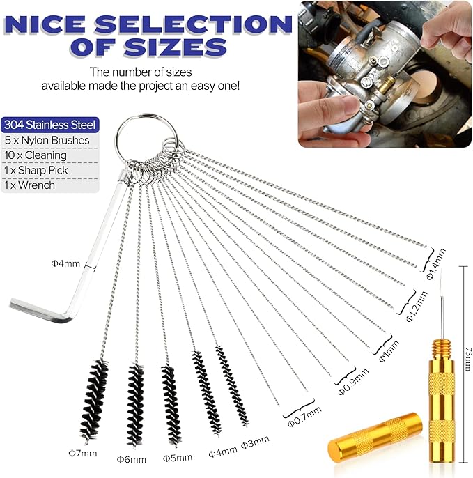 Valchoose Premium Torch Tip Cleaner, Stainless Steel Carburetor Cleaning Kit Heavy Duty, Density Nylon for Motorcycle Jet Lawnmower Small Engine Welding Stove Airbrush Spray Gun