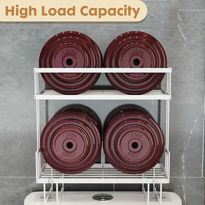 ShellKingdom Over The Toilet Storage Shelf, 2 Tier Toilet Paper Holder Stand Shelves, Punch-Free Bathroom Storage Rack with 2 Hooks, Small Space Organizers for Bathroom, Home, Countertop, Black