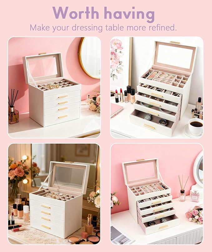 5 Layer Jewelry Box for Women, Glass Lid Jewelry Organizer with 5 Drawers for Necklaces Rings Earrings Bracelets - White (Pearl White)