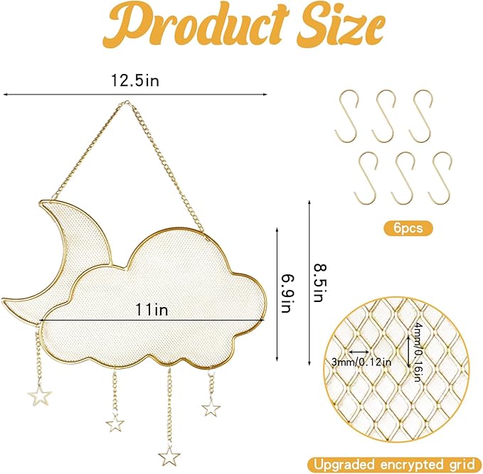 Earring Holder Organizer Hanging Jewelry Organizer Wall Mounted, Metal Stud Earring Display Stand with 6 Hooks, Jewelry Storage Rack for Earrings Necklace Bracelet (Gold)